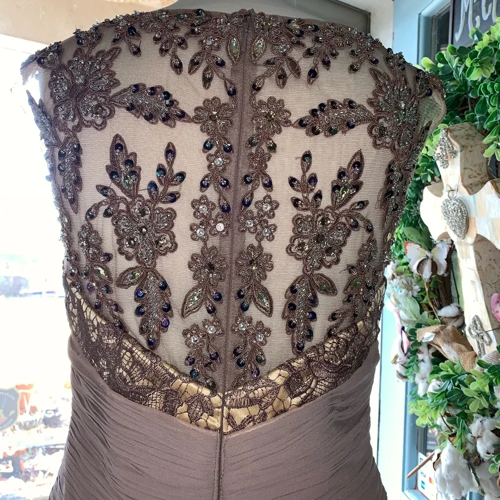 NWOT GLS Apparel Large Beaded Mocha Lace Nude Lined Mermaid Gown Cap Sleeves - Picture 6 of 15